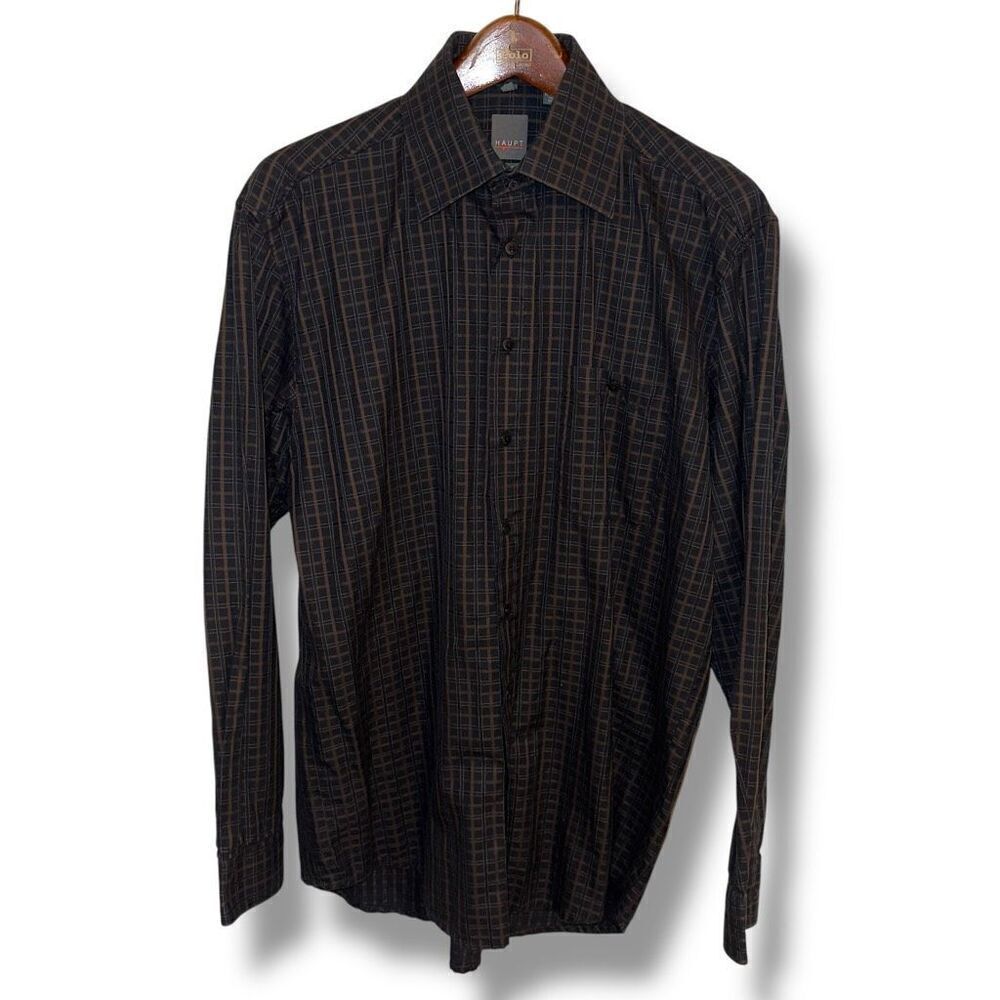 Haupt Ecologic Black Spread Collar 2 Ply Cotton Dress Shirt Sz L 16.5